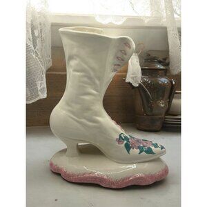 Vintage Clinchfield Artware Handpainted Victorian Boot Vase Chic Pink & Green Fl